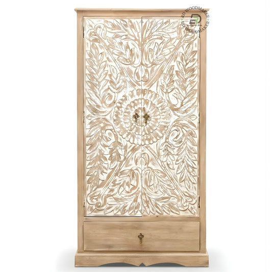 HAND-CARVED DISTRESSED WOOD 2-DOOR WARDROBE WITH DRAWER