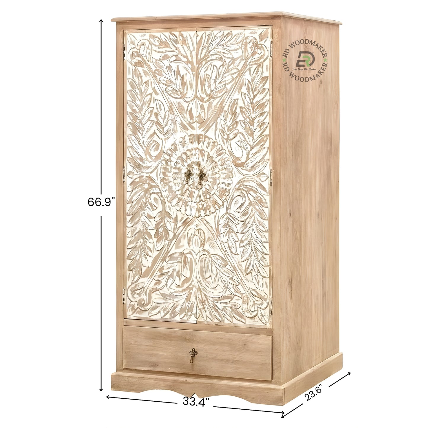 HAND-CARVED DISTRESSED WOOD 2-DOOR WARDROBE WITH DRAWER