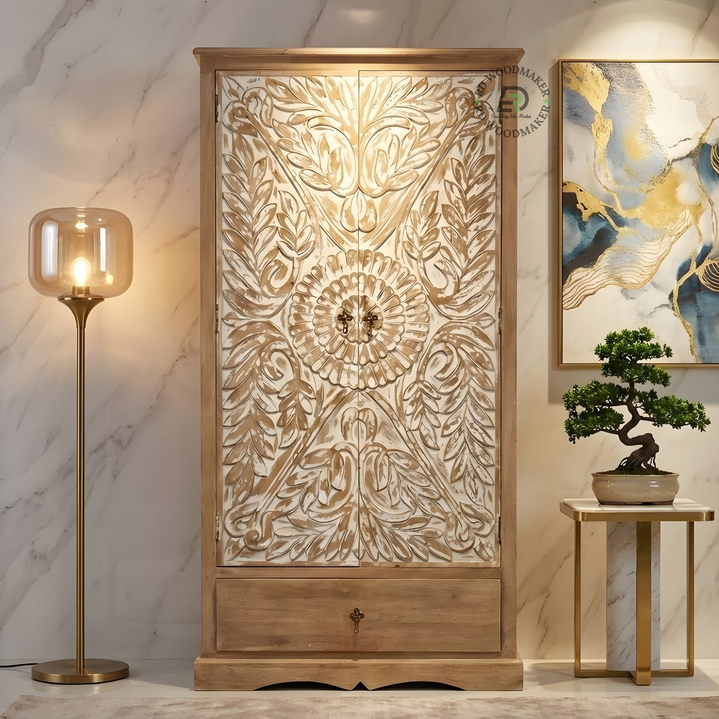 HAND-CARVED DISTRESSED WOOD 2-DOOR WARDROBE WITH DRAWER
