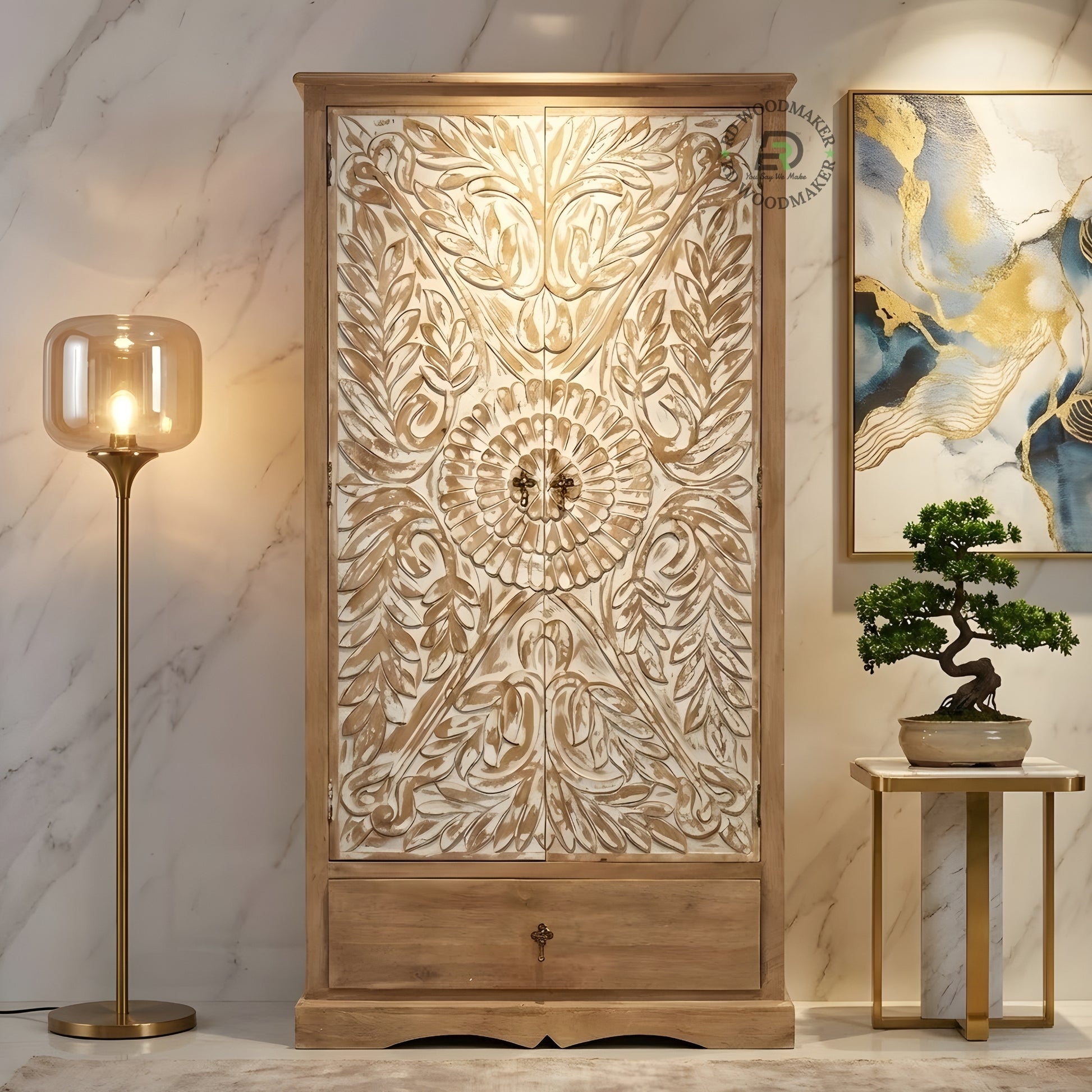 HAND-CARVED DISTRESSED WOOD 2-DOOR WARDROBE WITH DRAWER