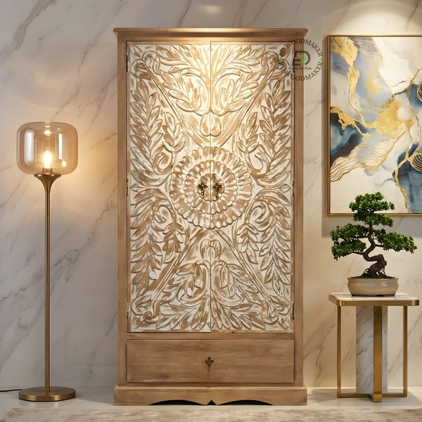 HAND-CARVED DISTRESSED WOOD 2-DOOR WARDROBE WITH DRAWER
