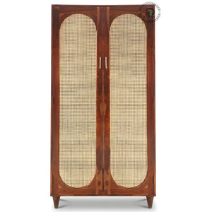 BOHO SOLID WOOD 2-DOOR WARDROBE WITH ARCHED RATTAN PANELS