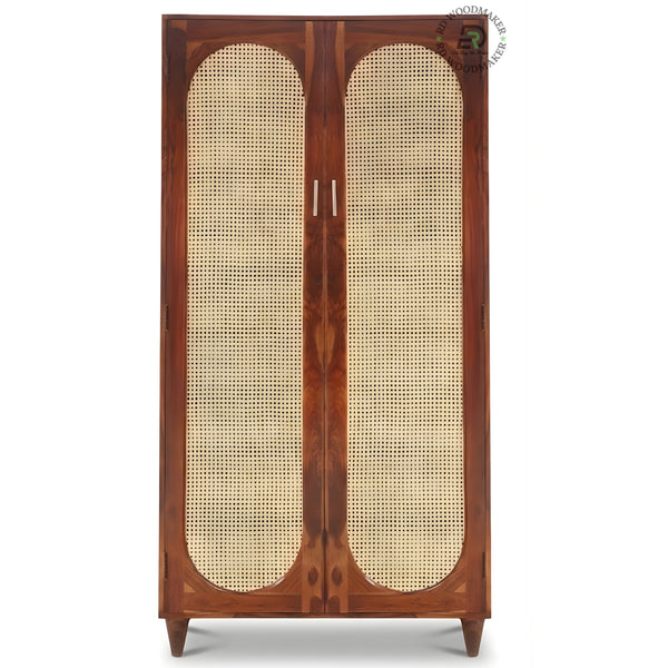 BOHO SOLID WOOD 2-DOOR WARDROBE WITH ARCHED RATTAN PANELS