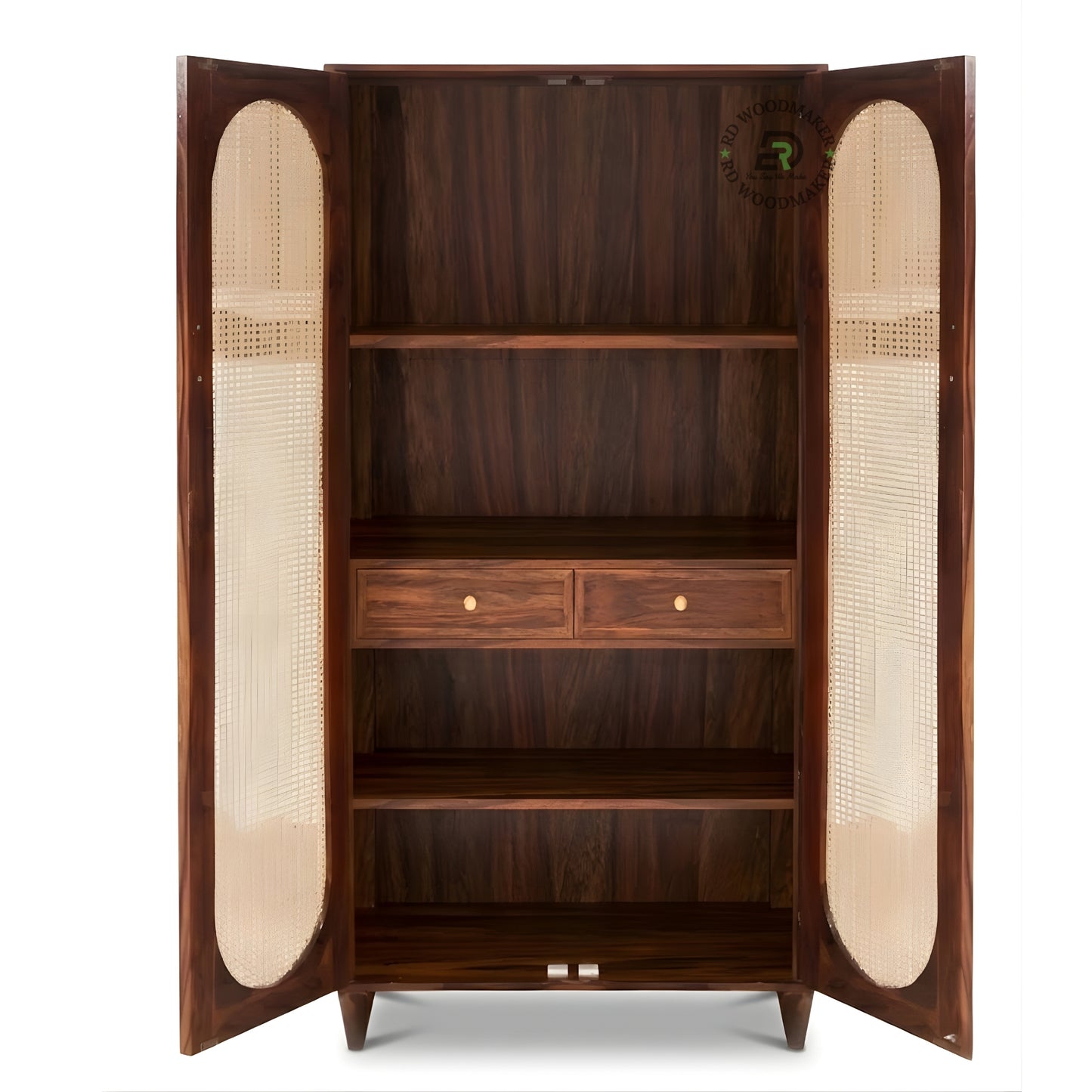 BOHO SOLID WOOD 2-DOOR WARDROBE WITH ARCHED RATTAN PANELS