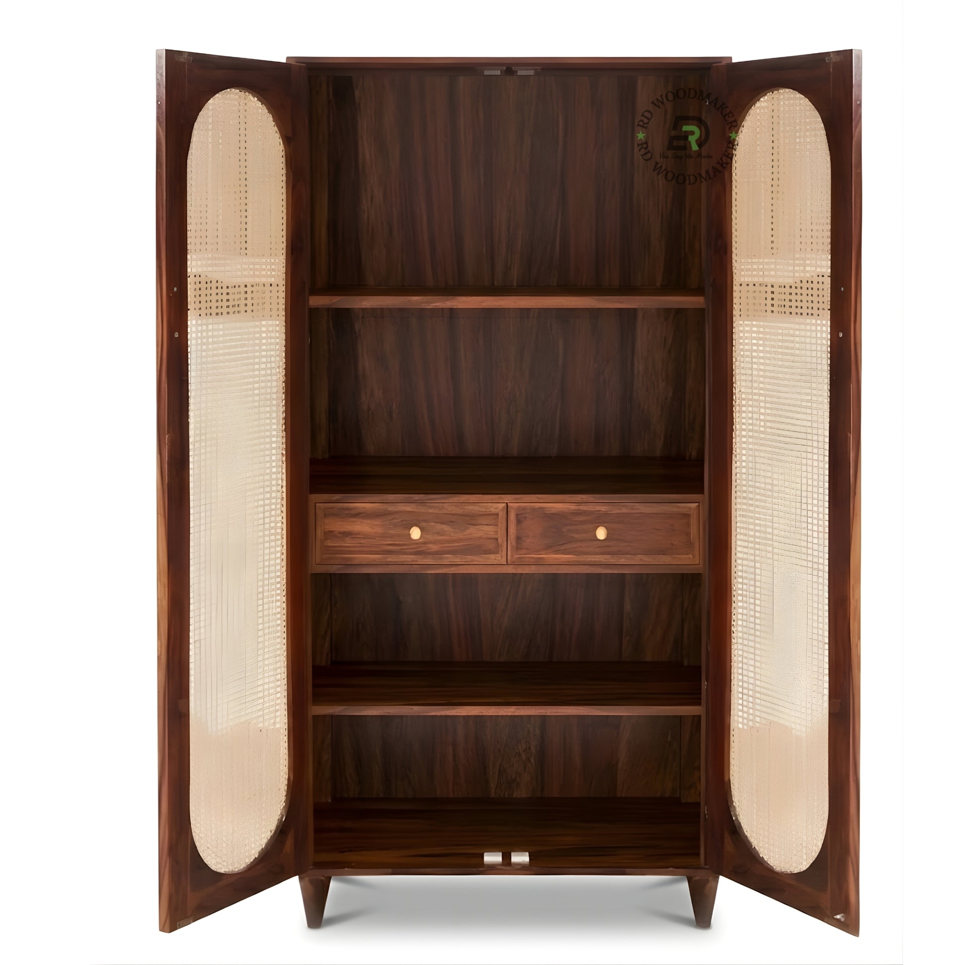 BOHO SOLID WOOD 2-DOOR WARDROBE WITH ARCHED RATTAN PANELS