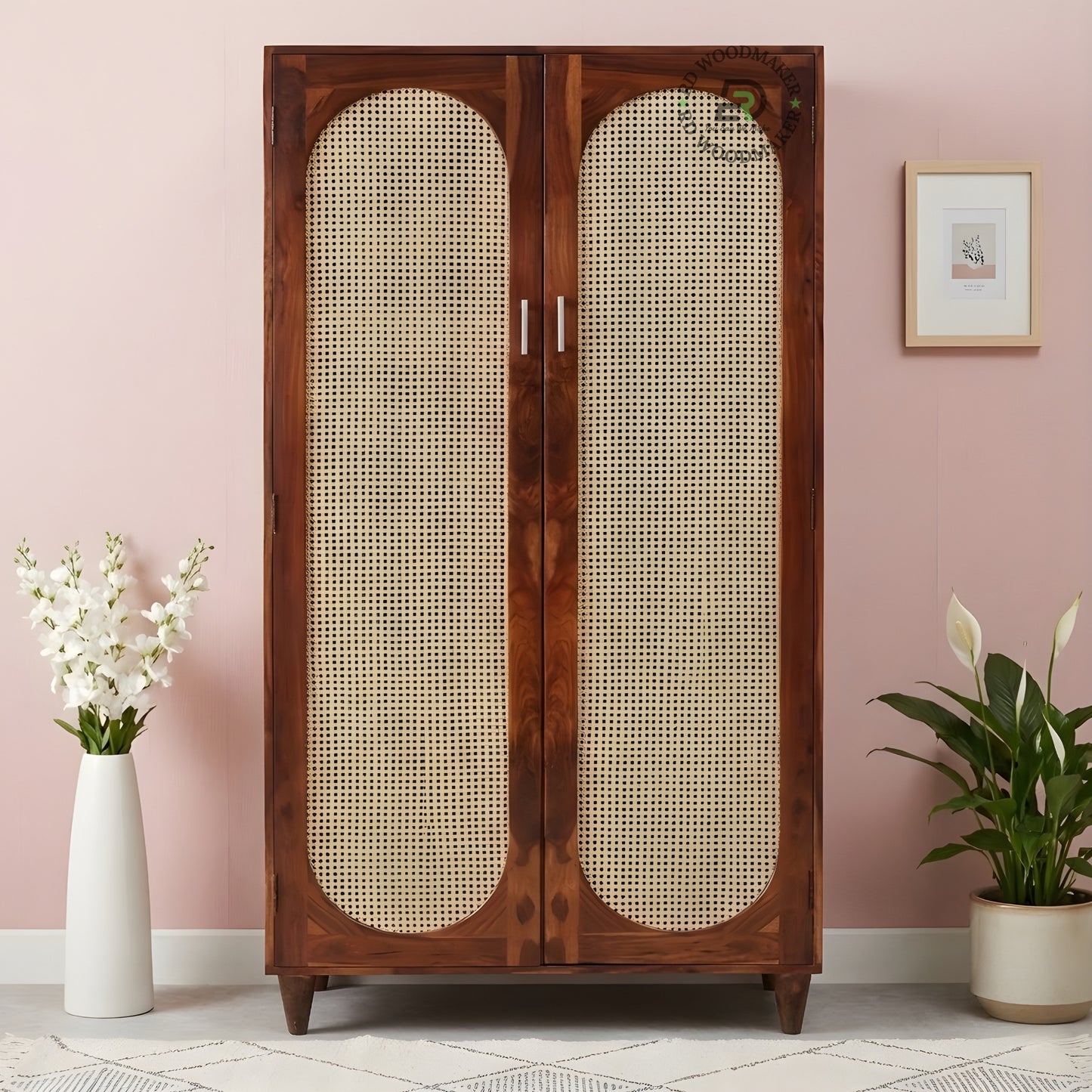 BOHO SOLID WOOD 2-DOOR WARDROBE WITH ARCHED RATTAN PANELS