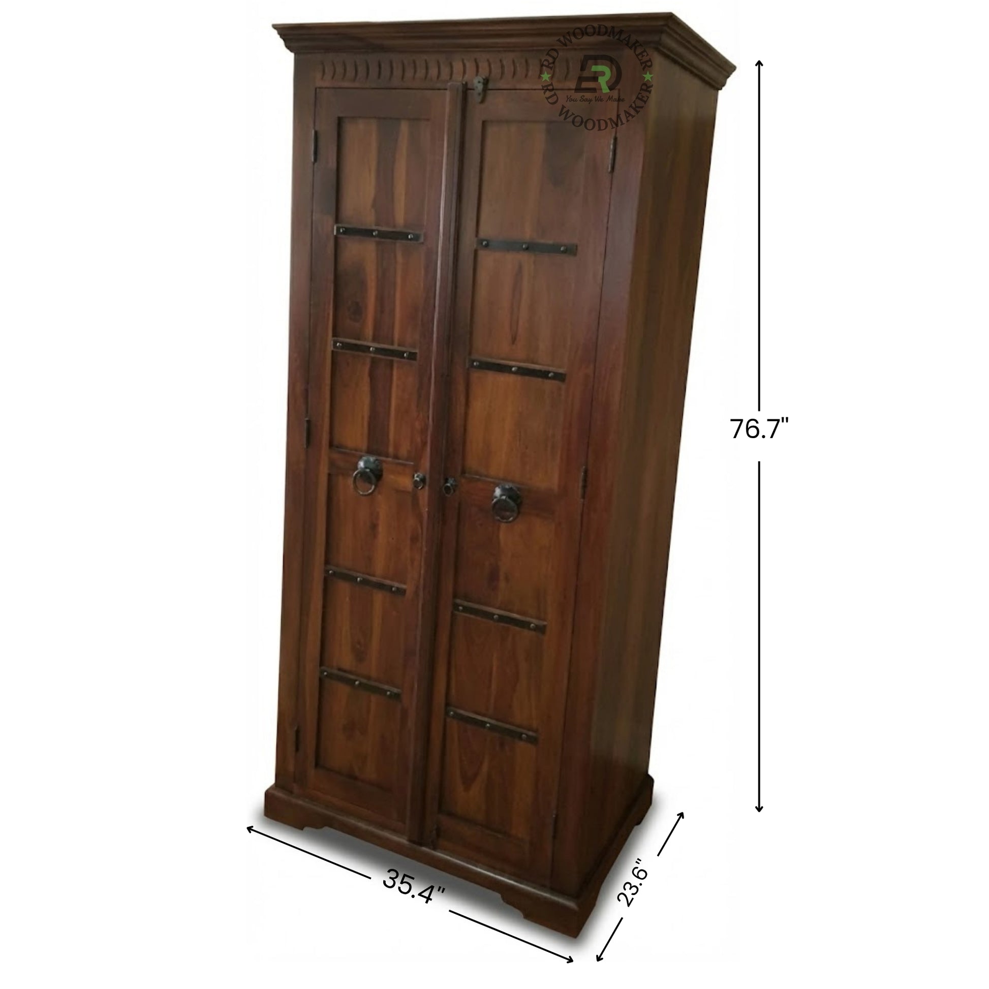 RUSTIC SOLID WOOD 2-DOOR WARDROBE WITH IRON ACCENTS