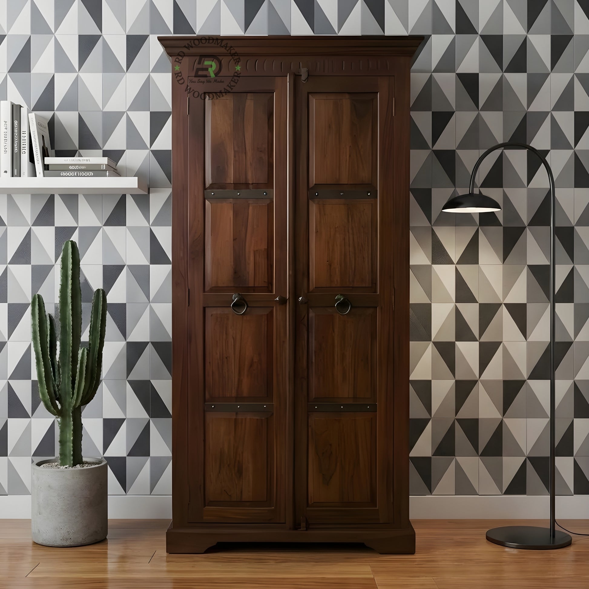 RUSTIC SOLID WOOD 2-DOOR WARDROBE WITH IRON ACCENTS
