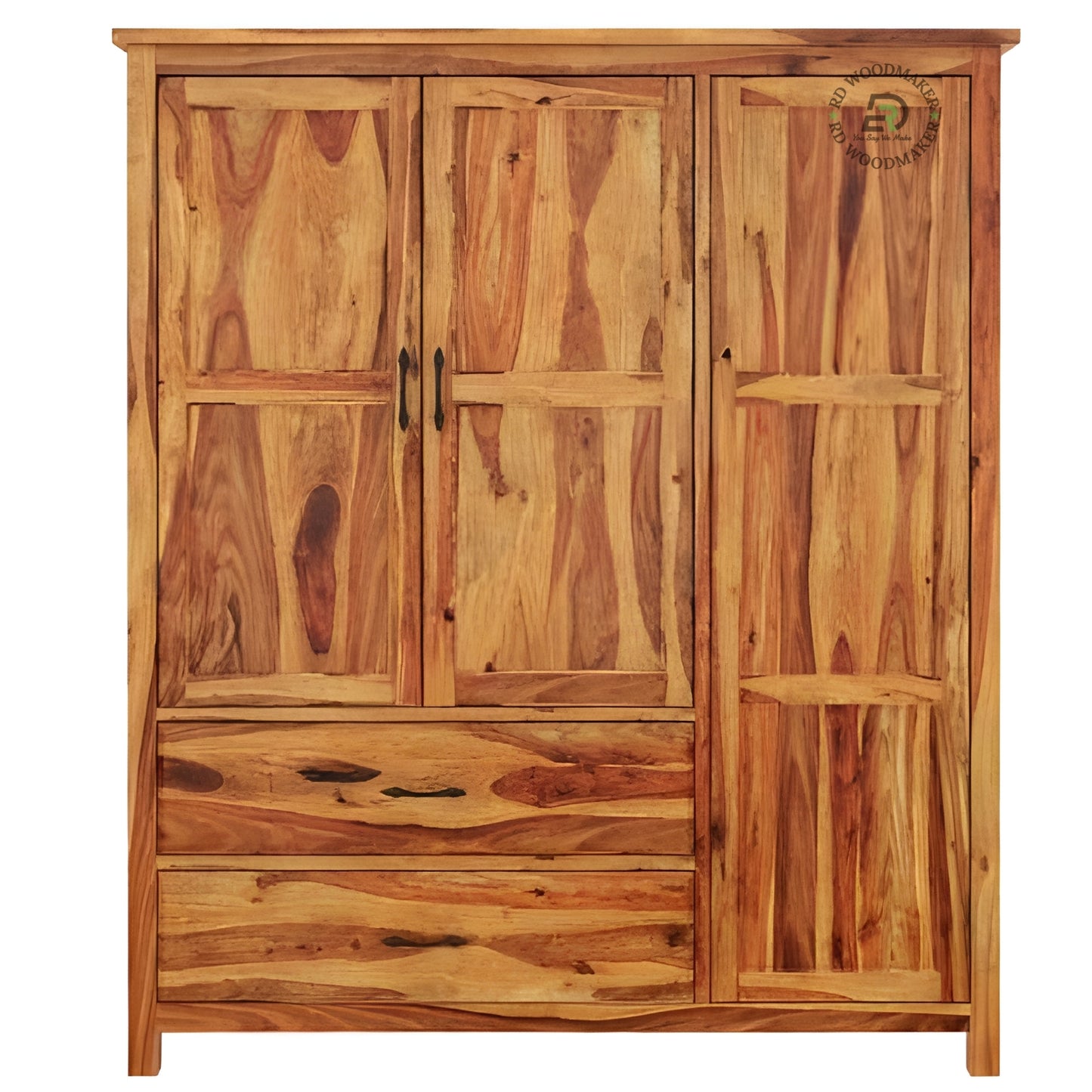 NATURAL SHEESHAM WOOD 3-DOOR WARDROBE WITH DRAWERS
