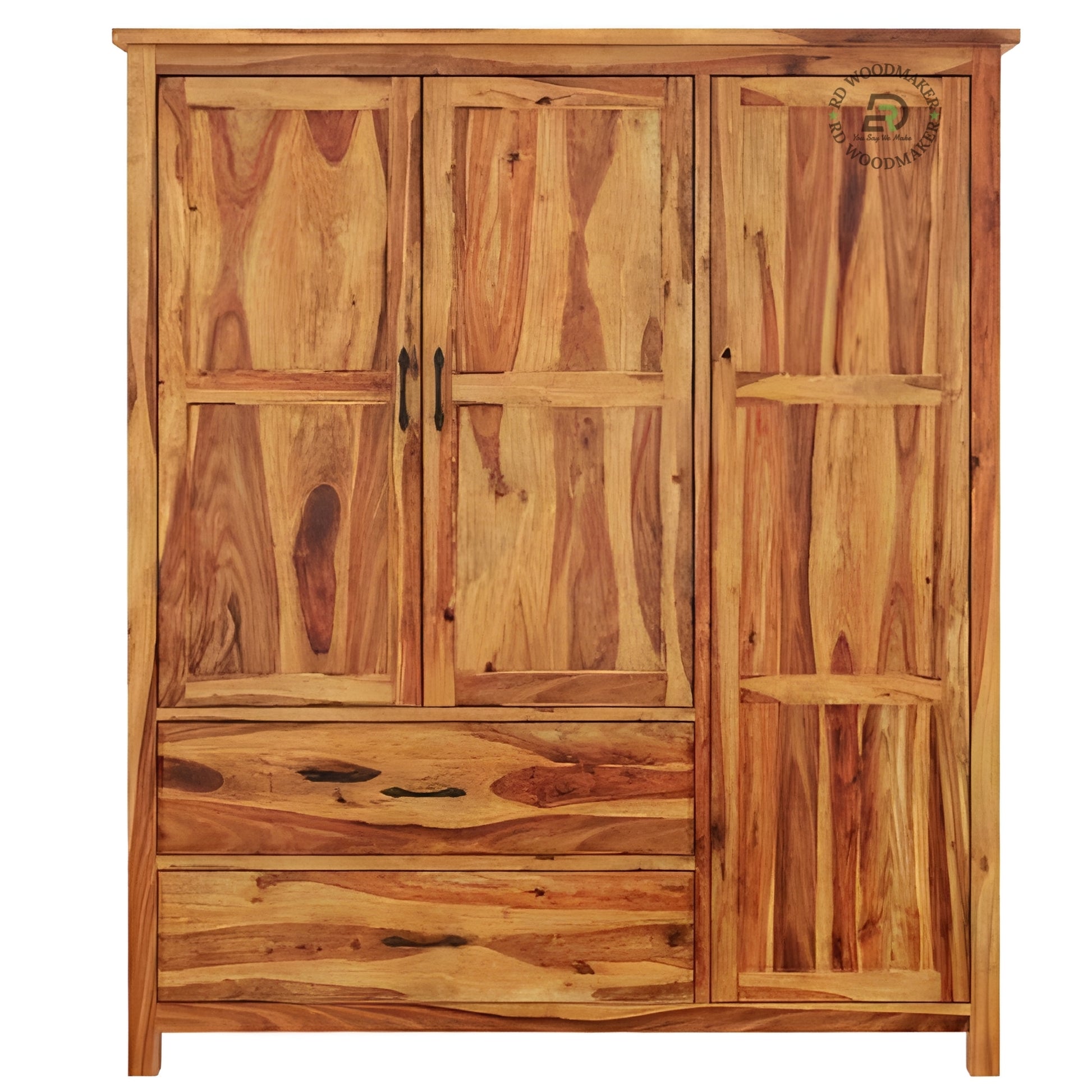 NATURAL SHEESHAM WOOD 3-DOOR WARDROBE WITH DRAWERS
