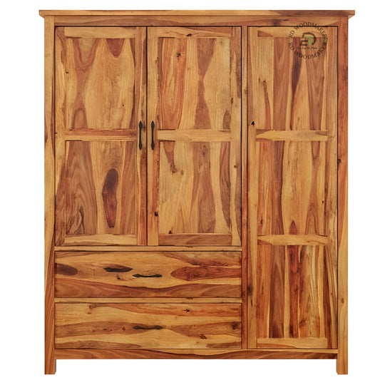 NATURAL SHEESHAM WOOD 3-DOOR WARDROBE WITH DRAWERS