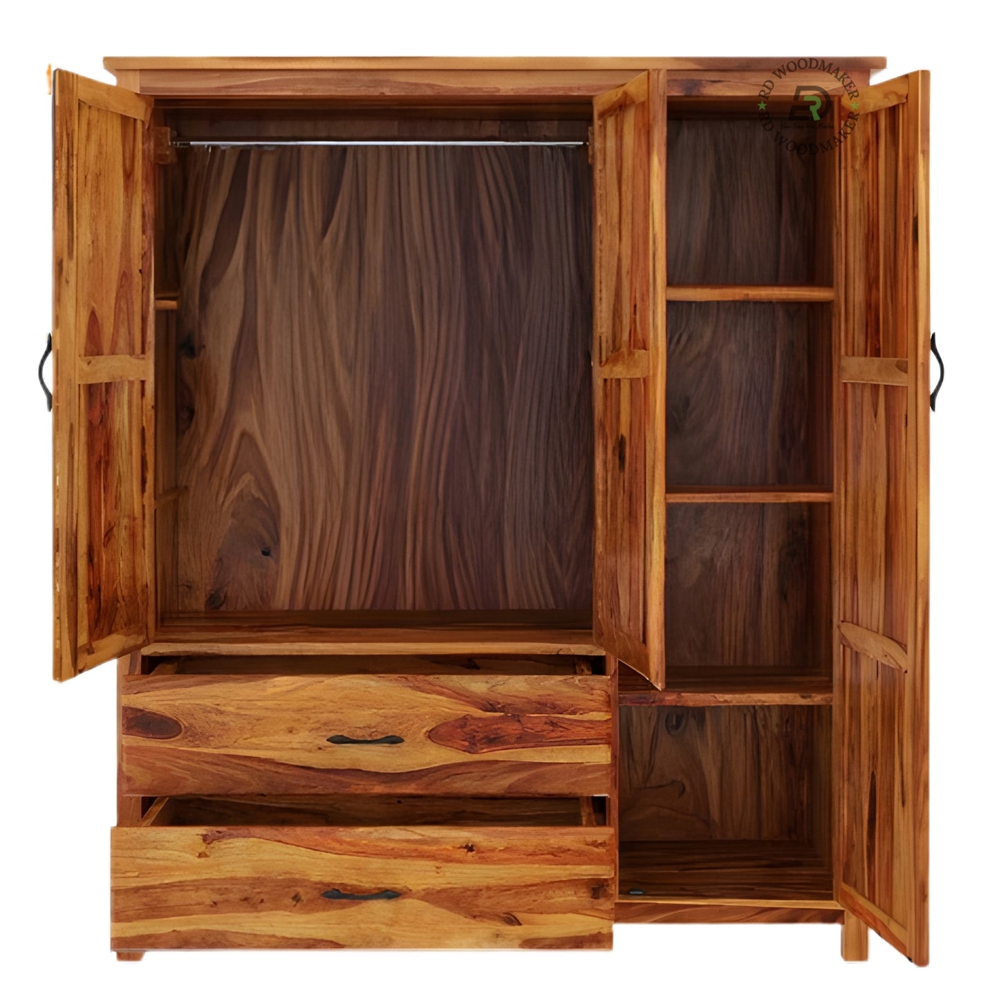 NATURAL SHEESHAM WOOD 3-DOOR WARDROBE WITH DRAWERS