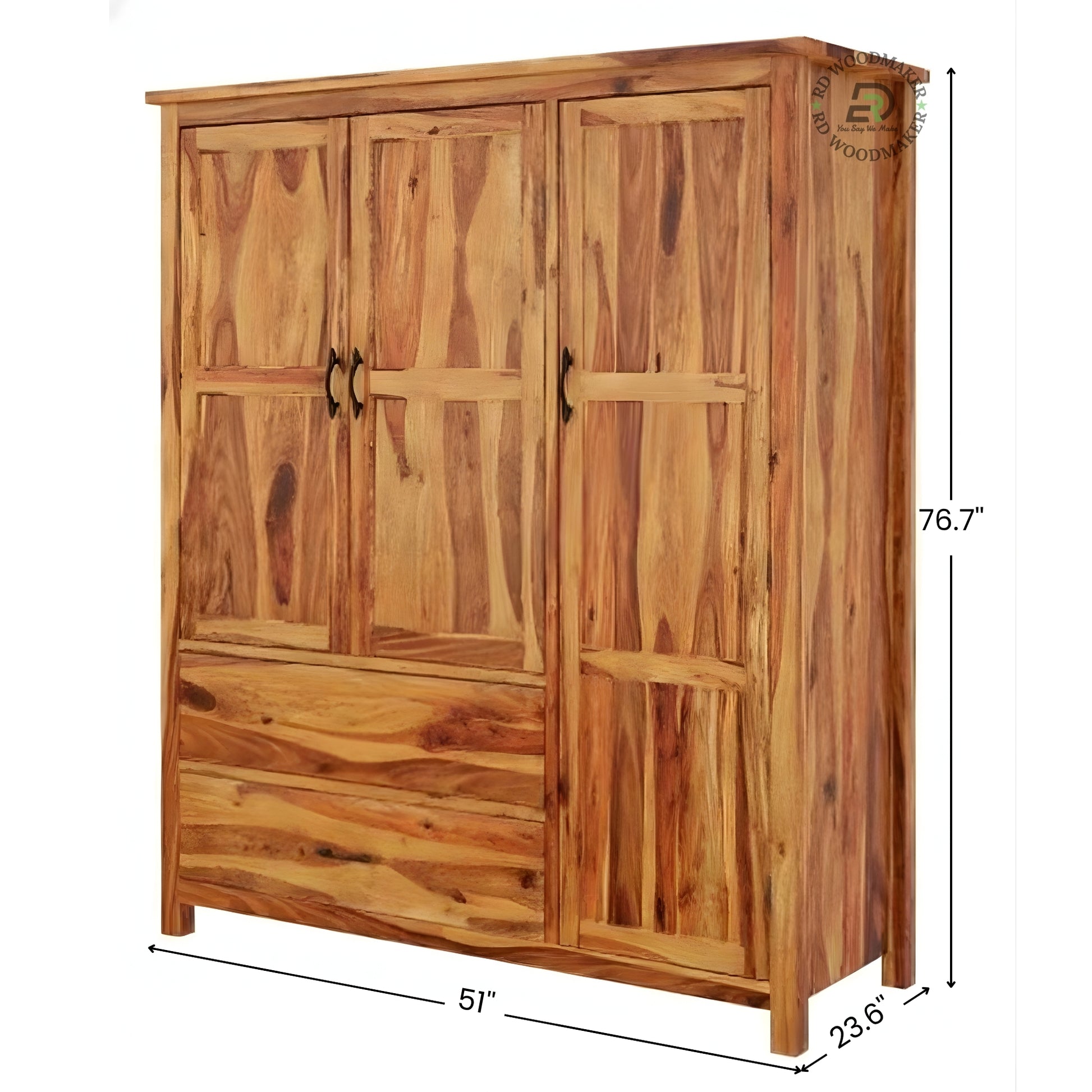 NATURAL SHEESHAM WOOD 3-DOOR WARDROBE WITH DRAWERS