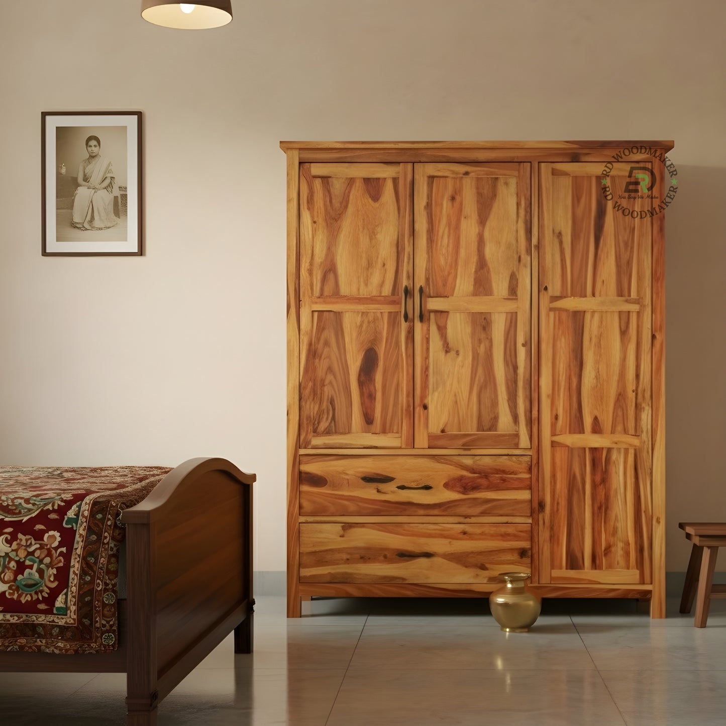 NATURAL SHEESHAM WOOD 3-DOOR WARDROBE WITH DRAWERS