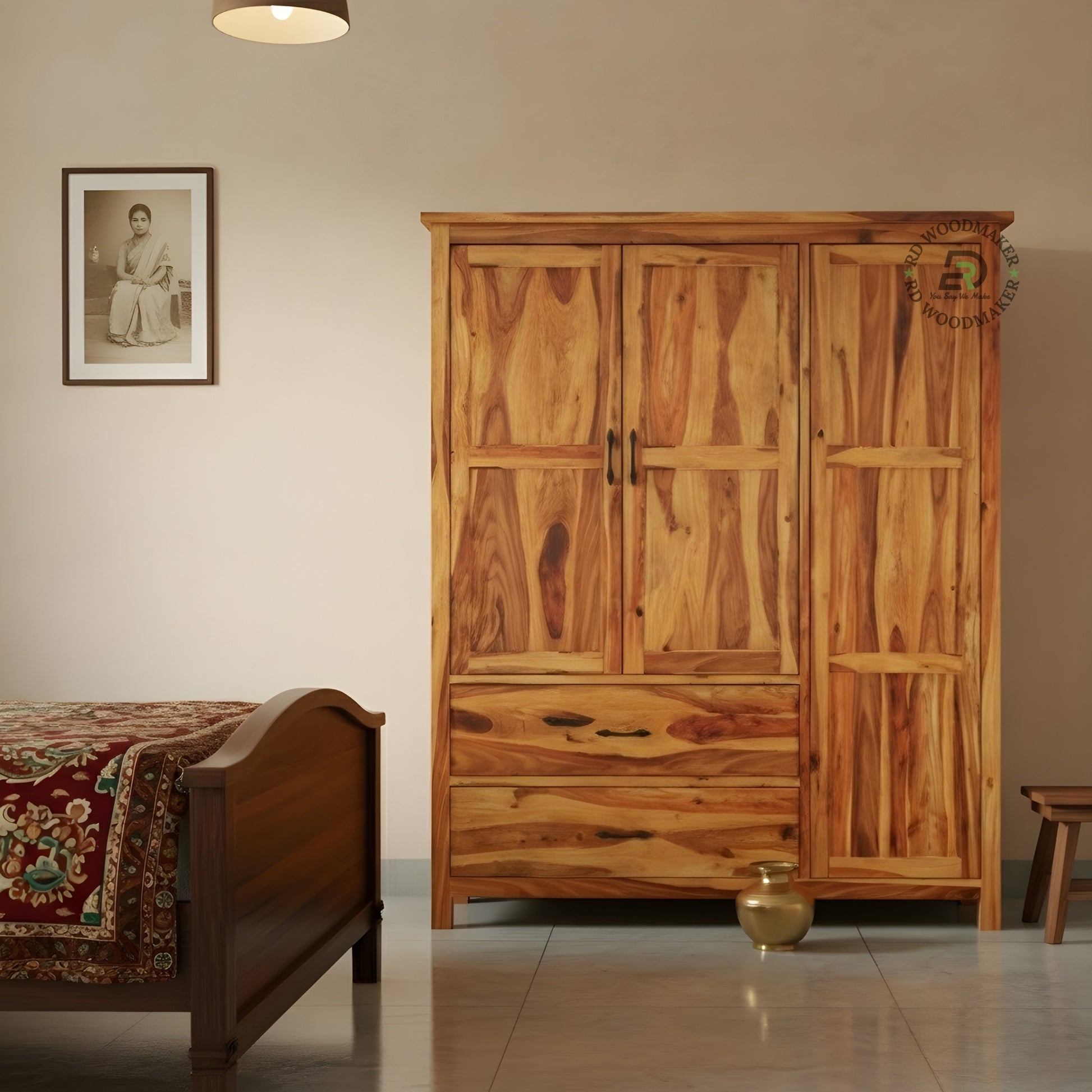 NATURAL SHEESHAM WOOD 3-DOOR WARDROBE WITH DRAWERS