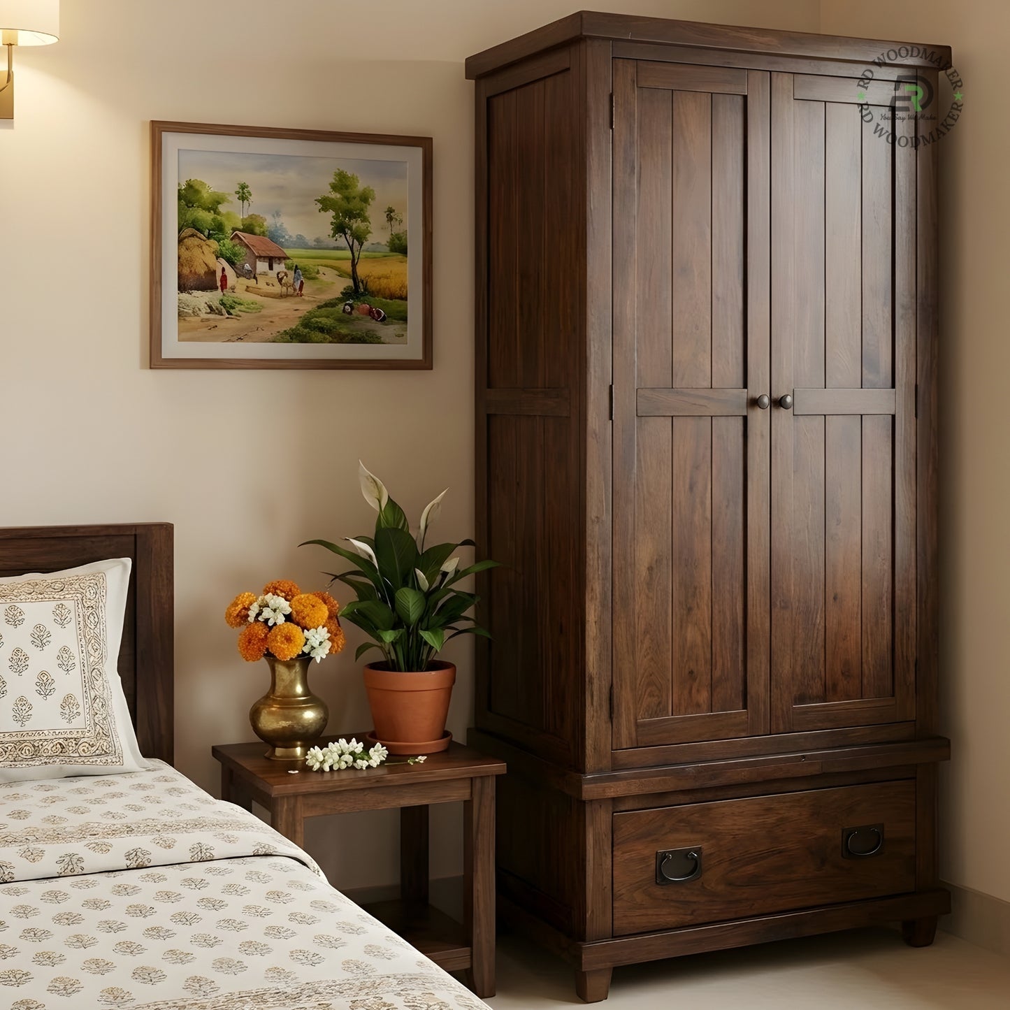 RUSTIC PLANK STYLE SOLID WOOD WARDROBE WITH DRAWER