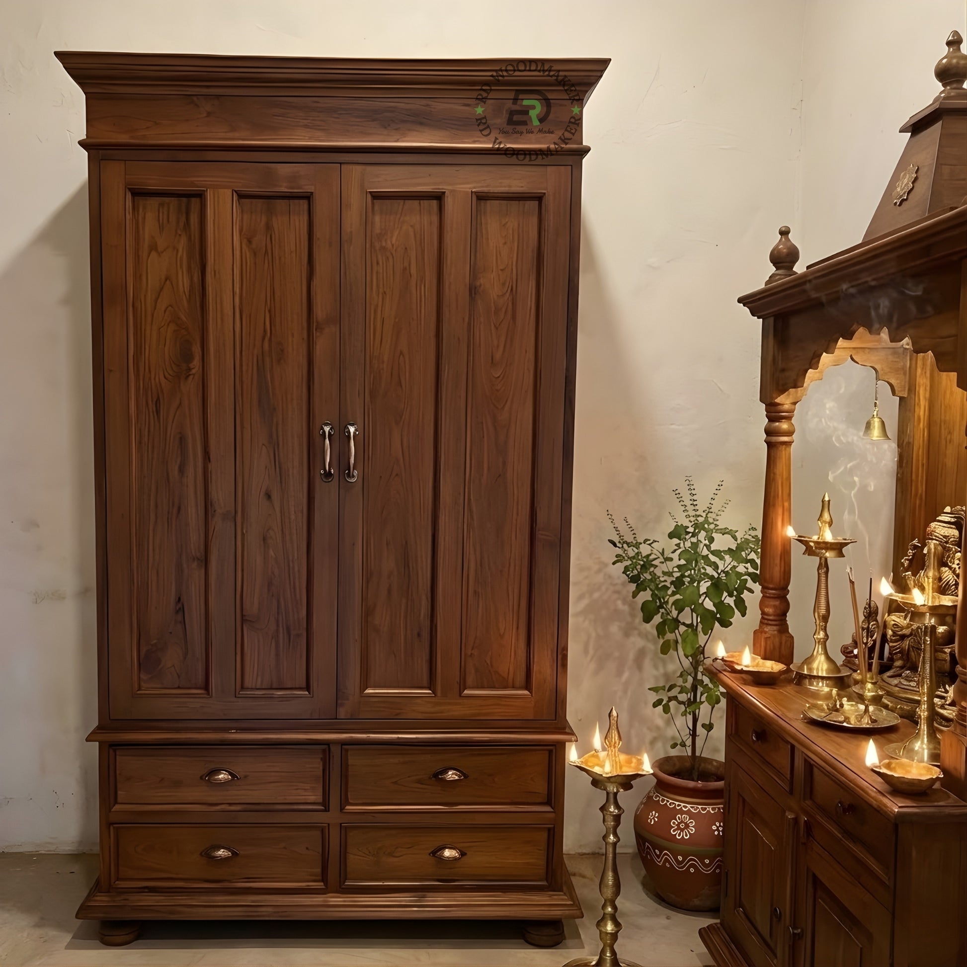 CLASSIC SOLID WOOD 2-DOOR WARDROBE WITH 4 DRAWERS