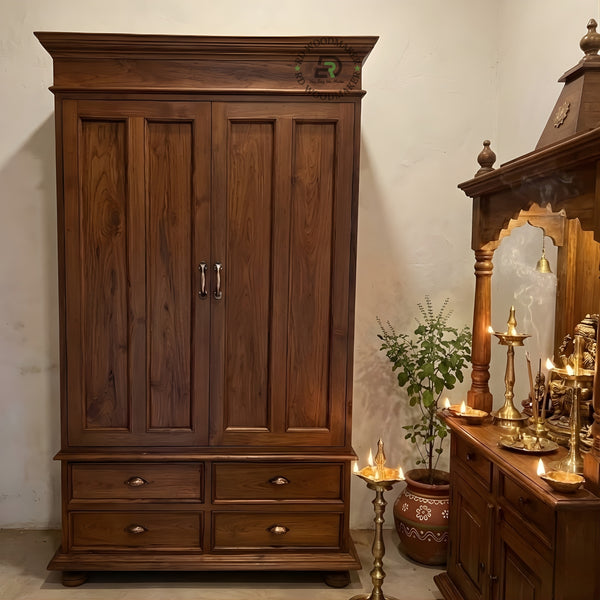 CLASSIC SOLID WOOD 2-DOOR WARDROBE WITH 4 DRAWERS