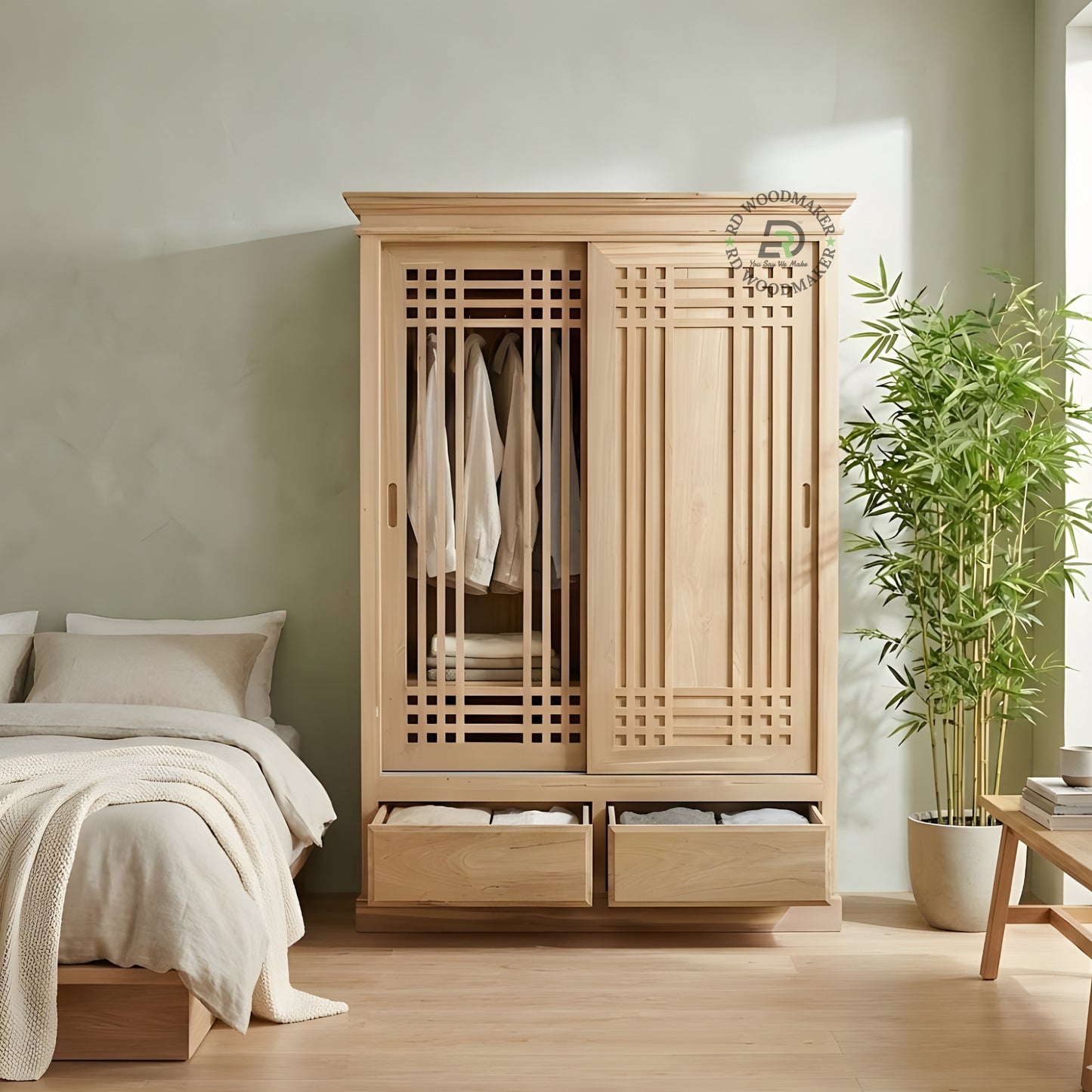 RUSTIC SLIDING DOOR SOLID WOOD WARDROBE WITH DRAWERS