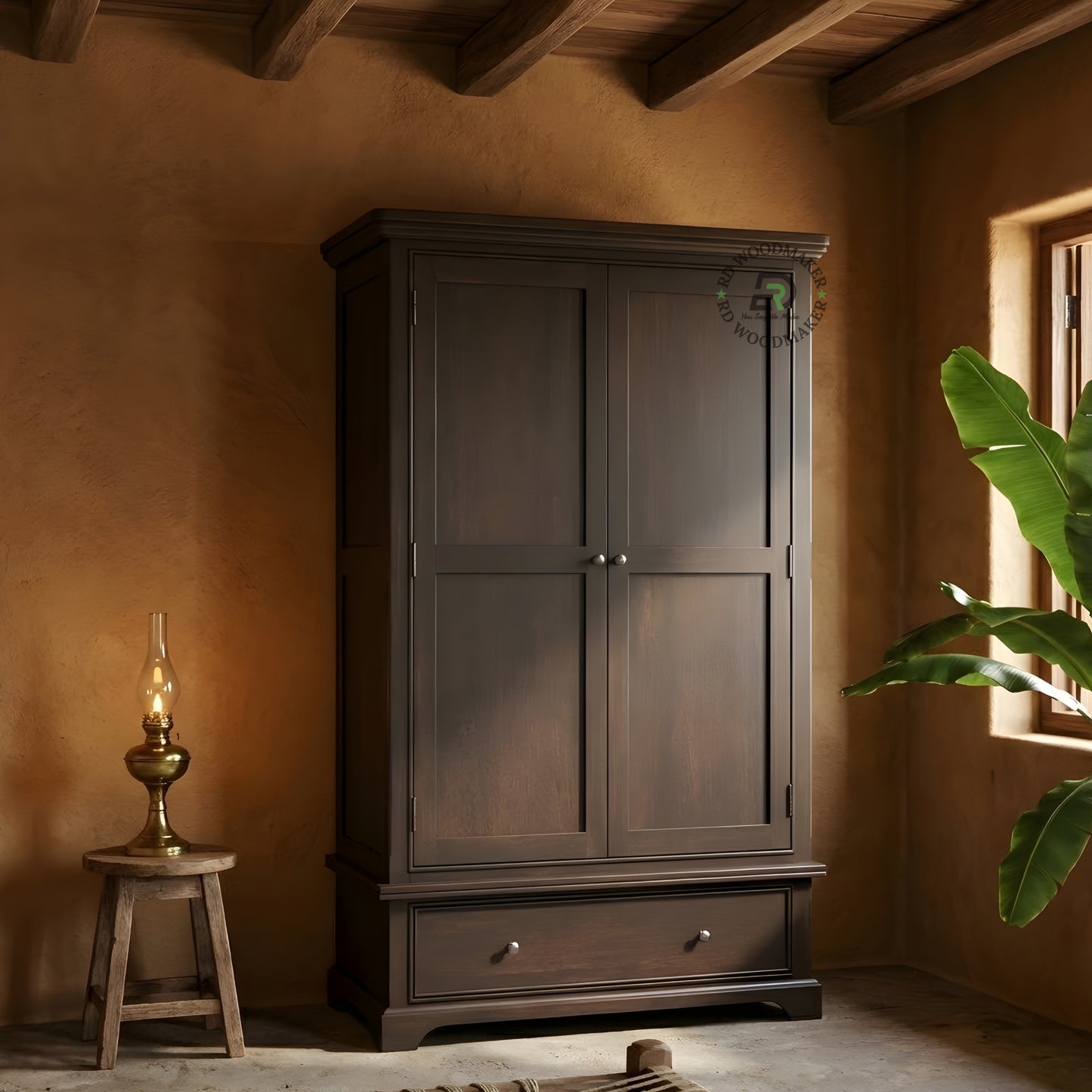 TRADITIONAL DARK ESPRESSO 2-DOOR WARDROBE WITH DRAWER