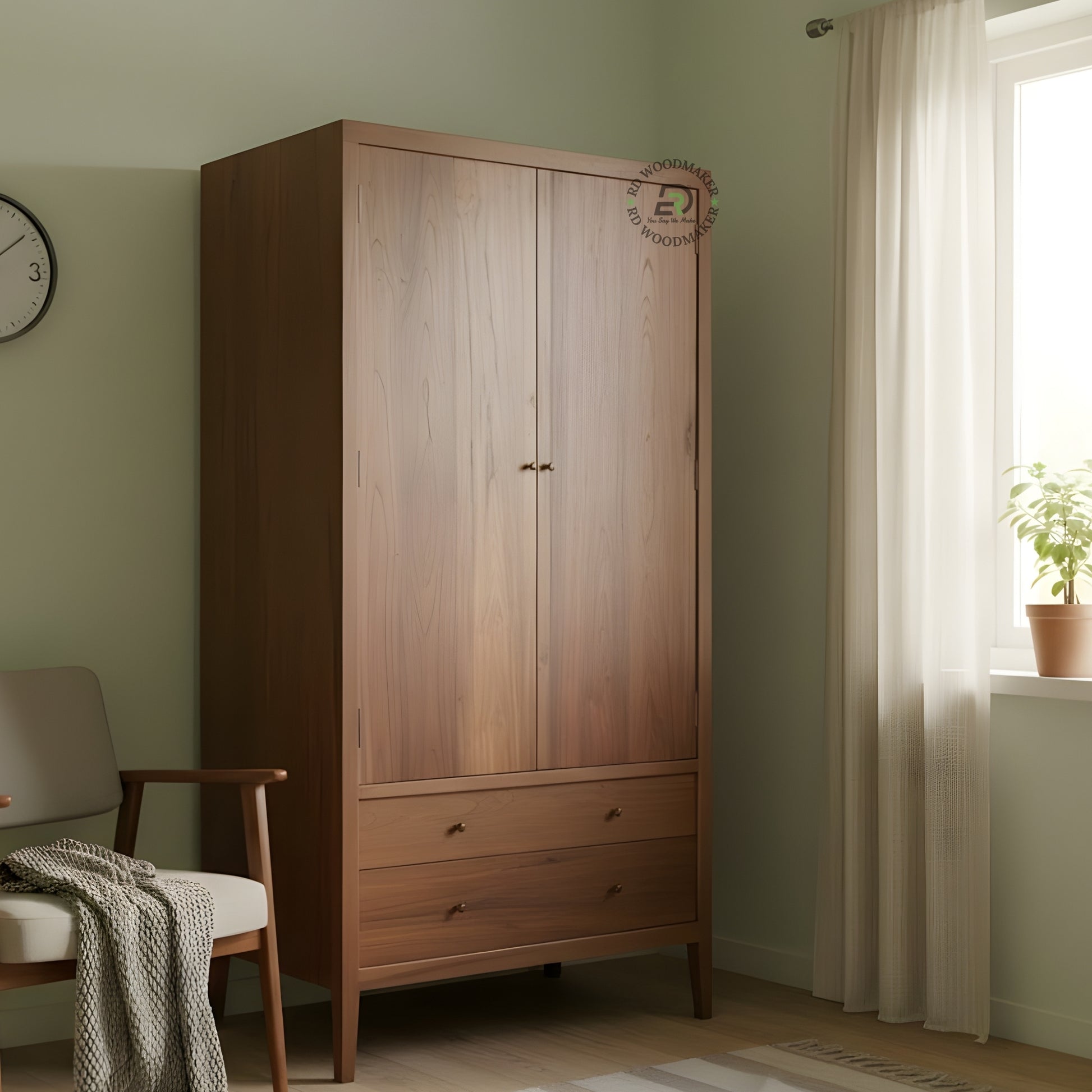 MID-CENTURY MODERN 2-DOOR SOLID WOOD WARDROBE WITH DRAWERS