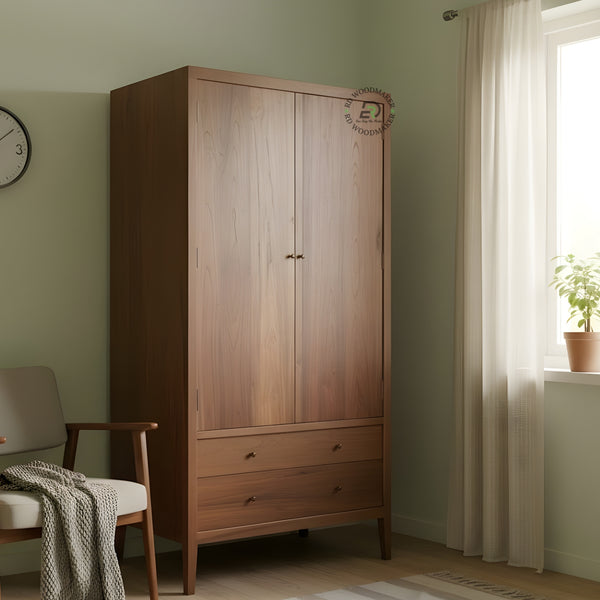 MID-CENTURY MODERN 2-DOOR SOLID WOOD WARDROBE WITH DRAWERS
