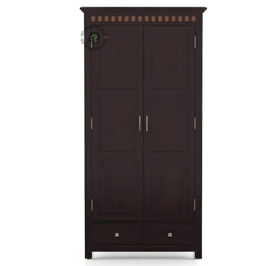 TALL DARK WOOD ARMOIRE WITH 2 DOORS AND 2 DRAWERS