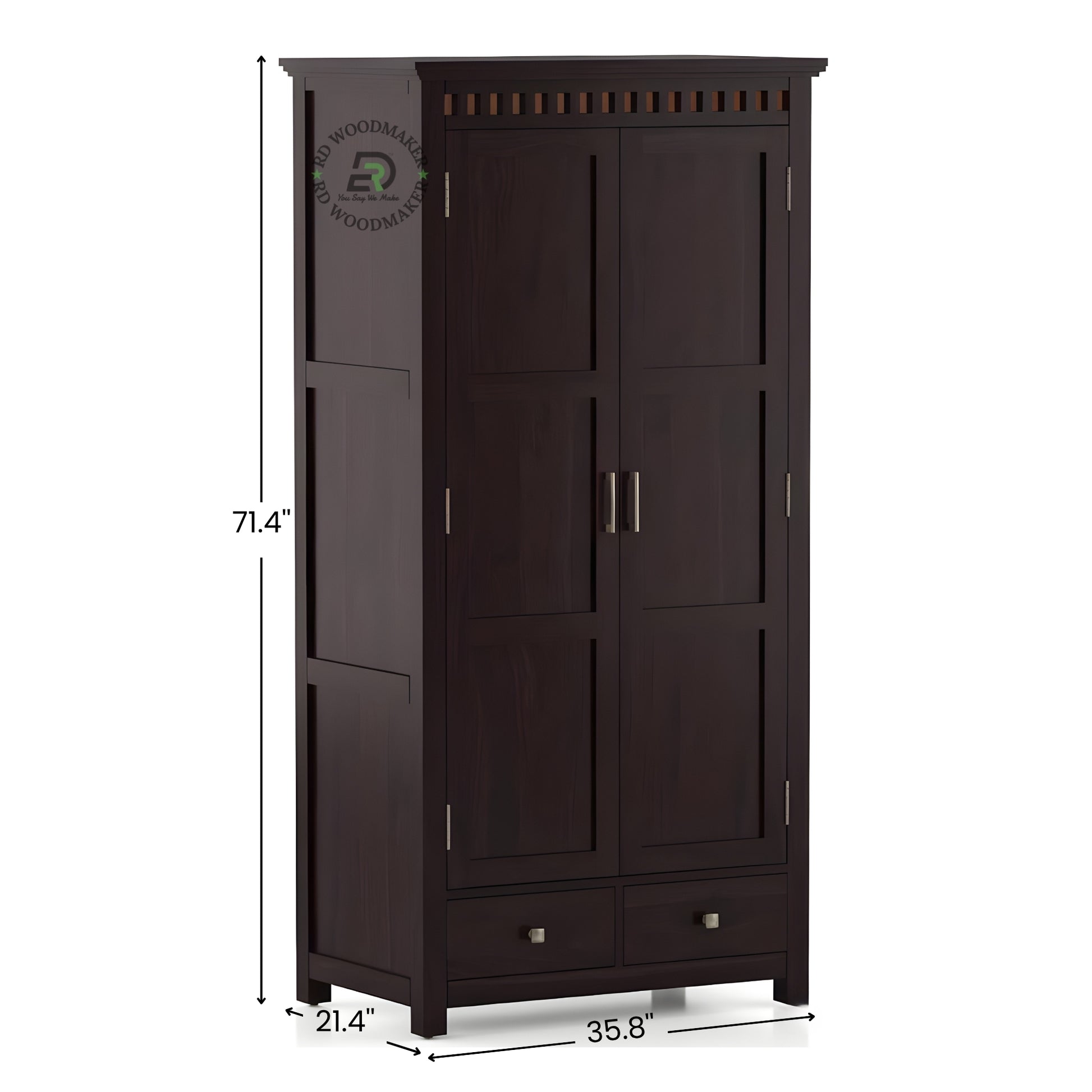 TALL DARK WOOD ARMOIRE WITH 2 DOORS AND 2 DRAWERS