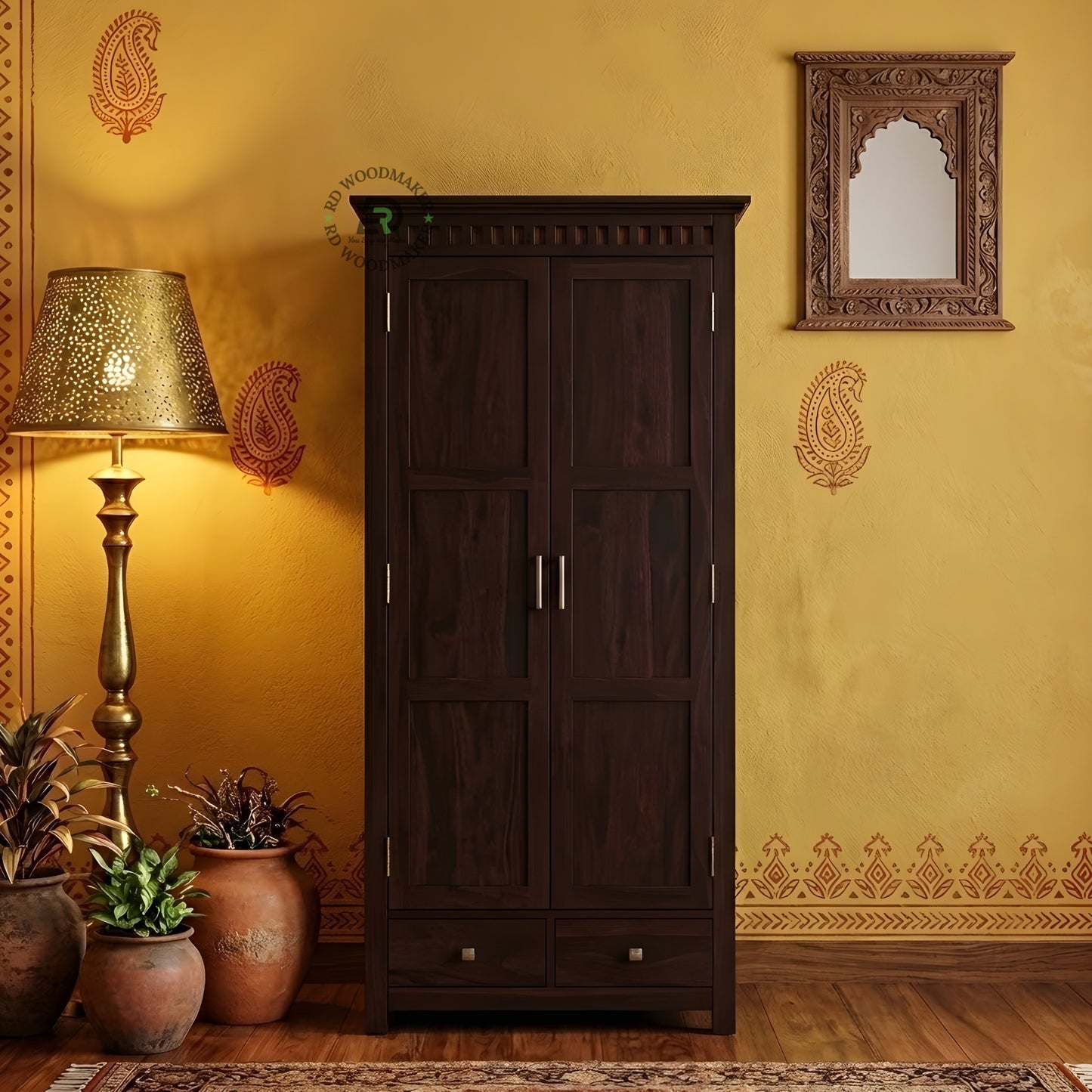 TALL DARK WOOD ARMOIRE WITH 2 DOORS AND 2 DRAWERS