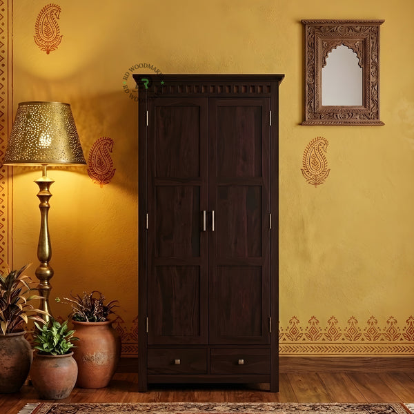 TALL DARK WOOD ARMOIRE WITH 2 DOORS AND 2 DRAWERS