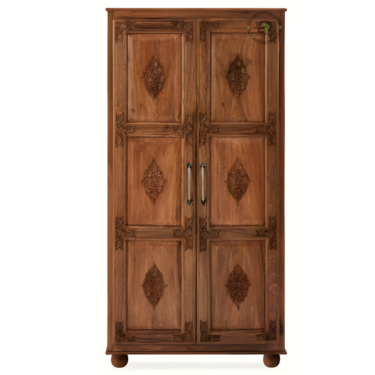 HAND-CARVED SOLID WOOD 2-DOOR WARDROBE