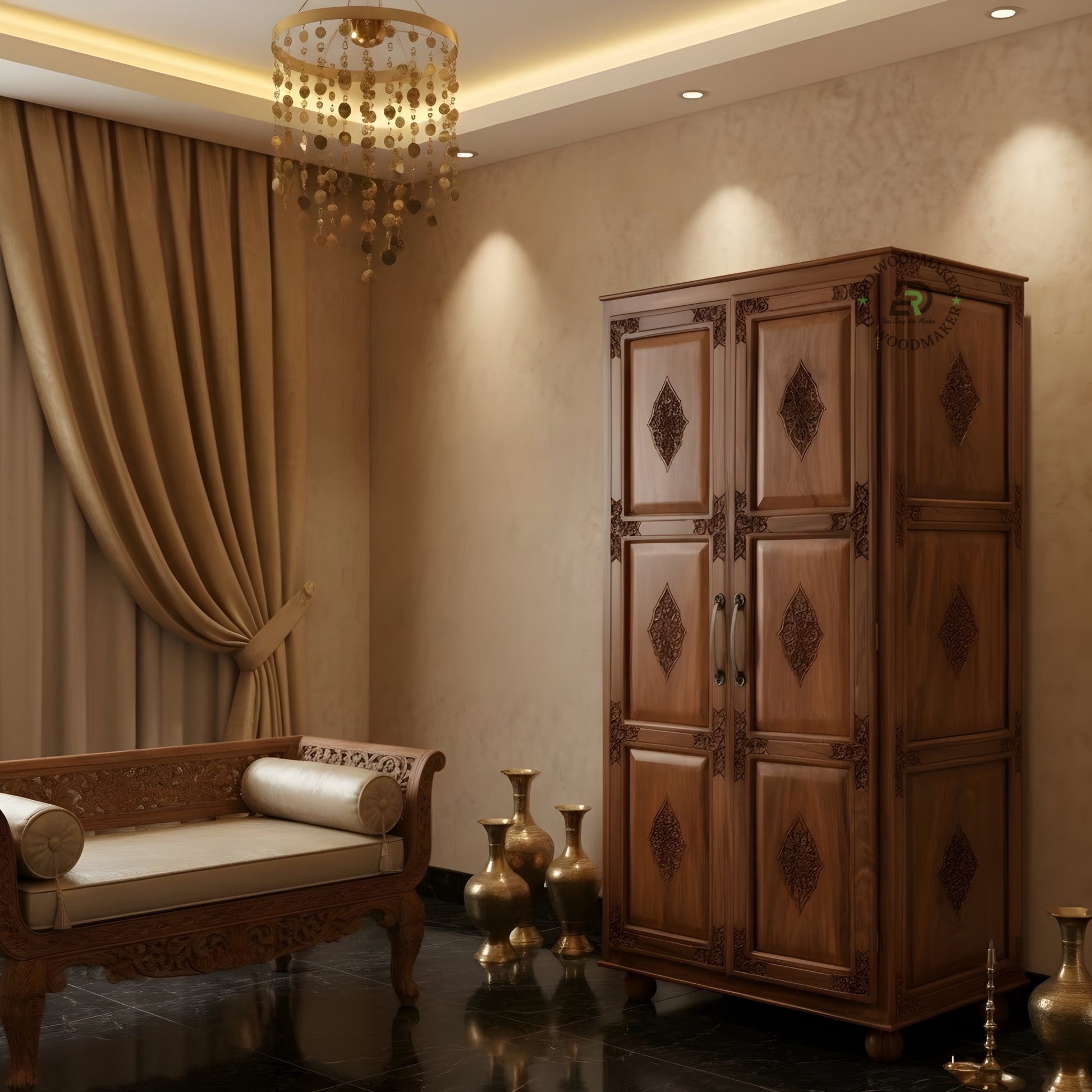 HAND-CARVED SOLID WOOD 2-DOOR WARDROBE
