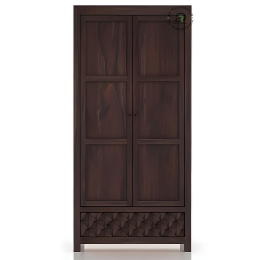 MODERN DARK WOOD 2-DOOR WARDROBE WITH TEXTURED DRAWER