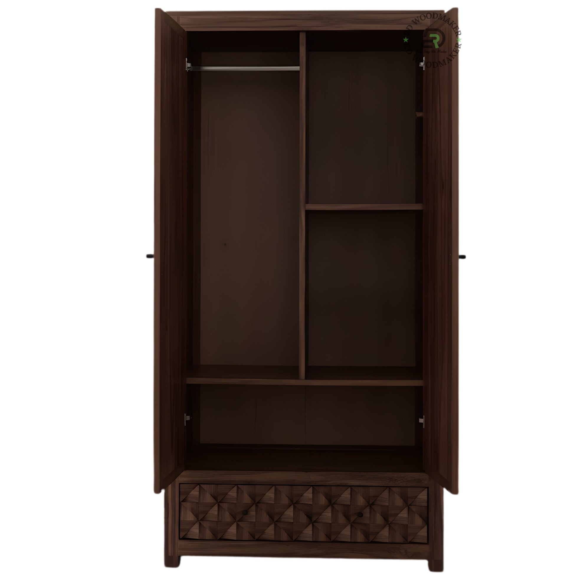 MODERN DARK WOOD 2-DOOR WARDROBE WITH TEXTURED DRAWER