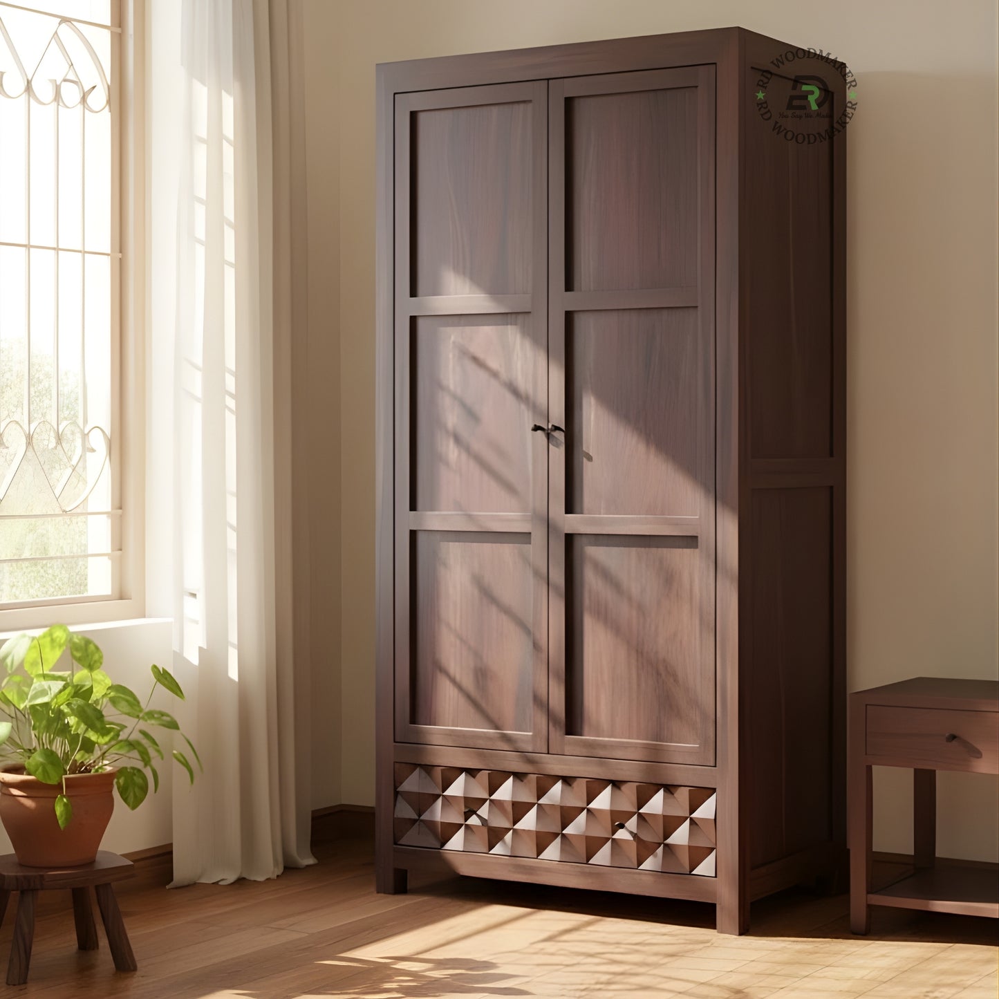 MODERN DARK WOOD 2-DOOR WARDROBE WITH TEXTURED DRAWER
