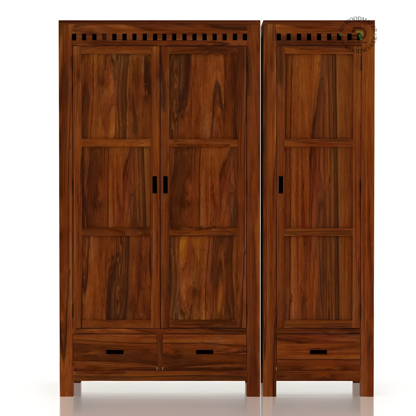 MODERN DARK WOOD 2-DOOR WARDROBE WITH GEOMETRIC CARVED DRAWER