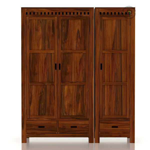 MODERN DARK WOOD 2-DOOR WARDROBE WITH GEOMETRIC CARVED DRAWER