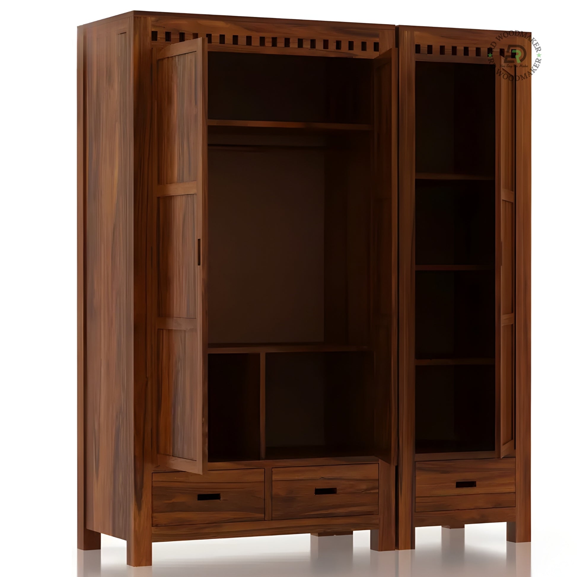 MODERN DARK WOOD 2-DOOR WARDROBE WITH GEOMETRIC CARVED DRAWER
