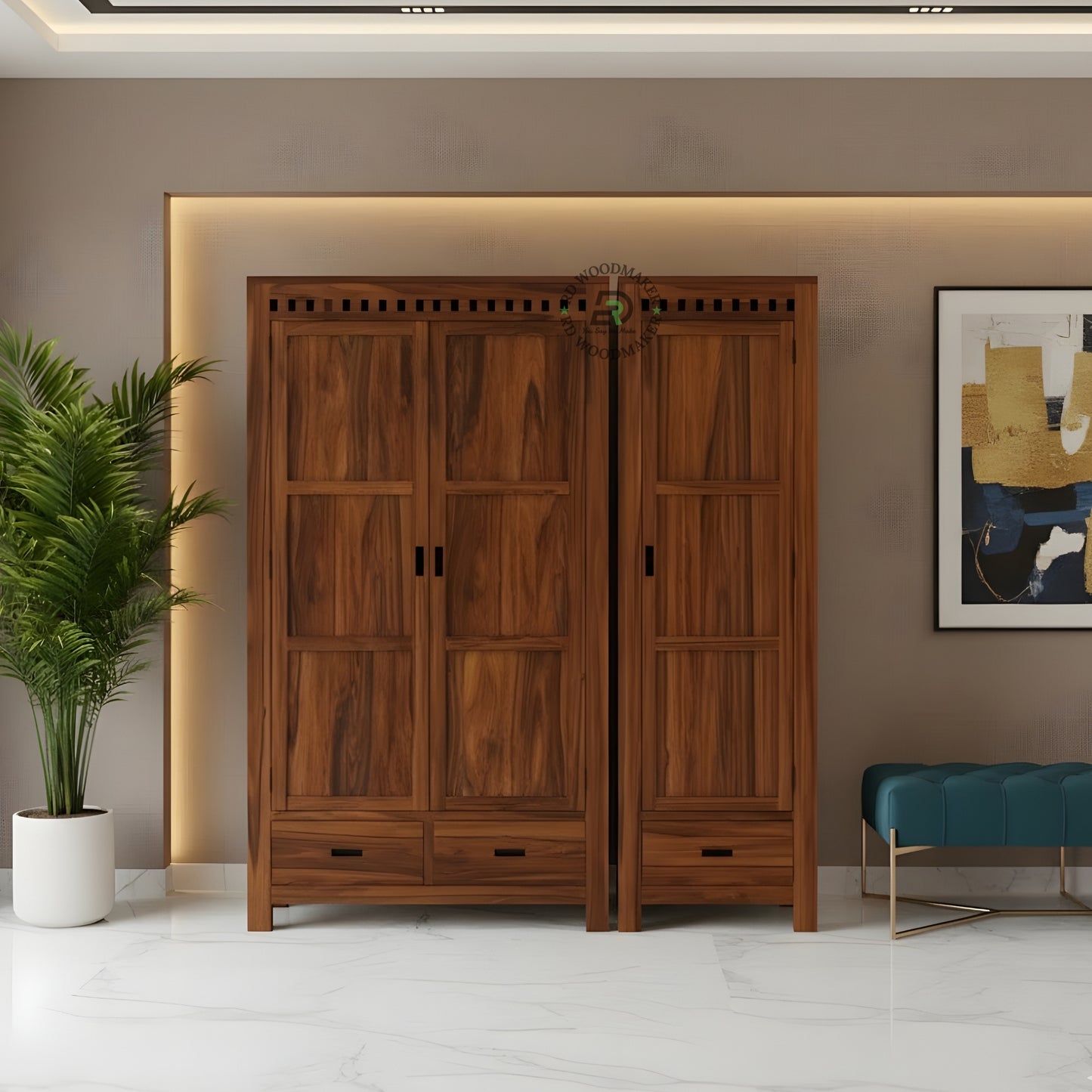 MODERN DARK WOOD 2-DOOR WARDROBE WITH GEOMETRIC CARVED DRAWER