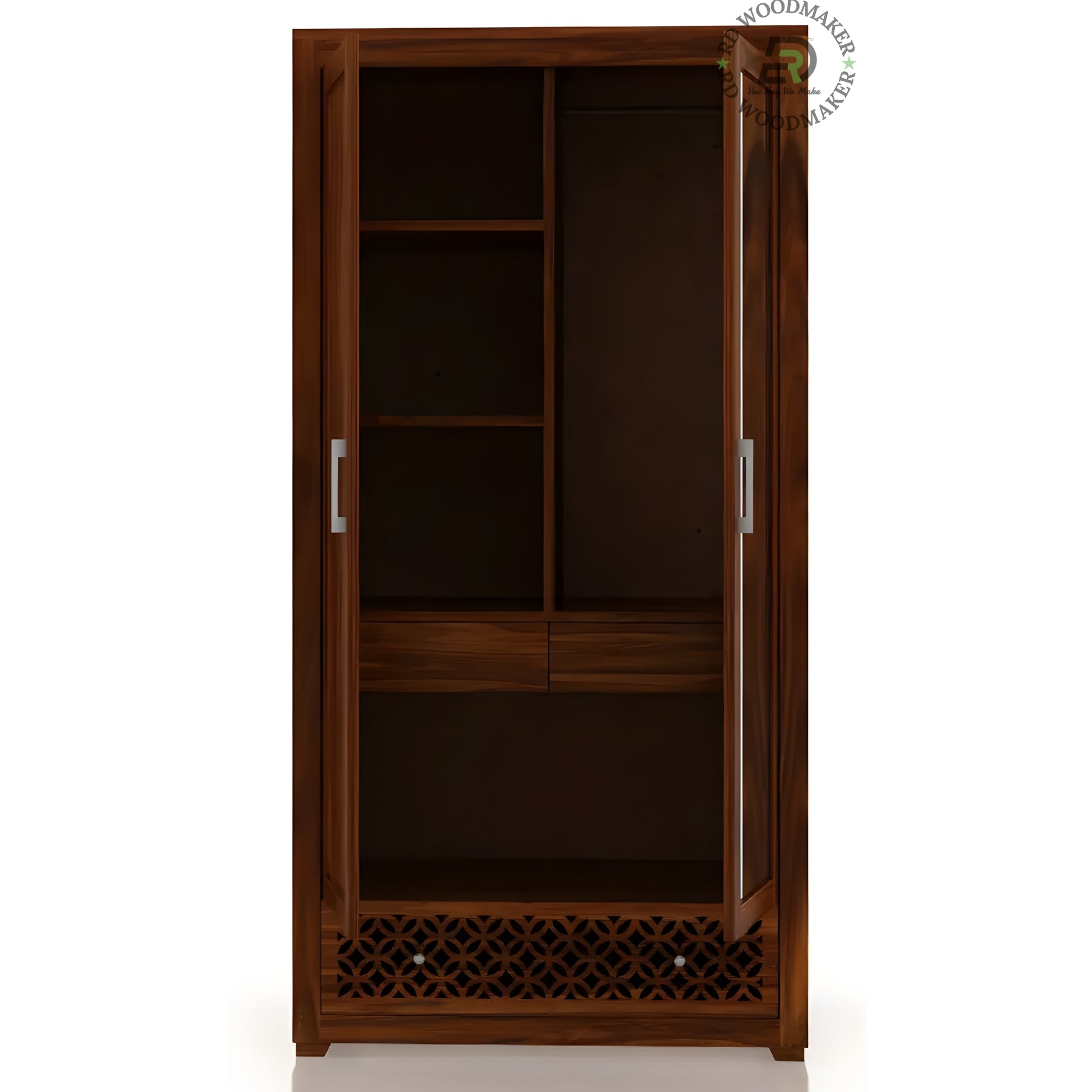 ELEGANT 2-DOOR MIRRORED WOOD WARDROBE WITH CARVED BASE