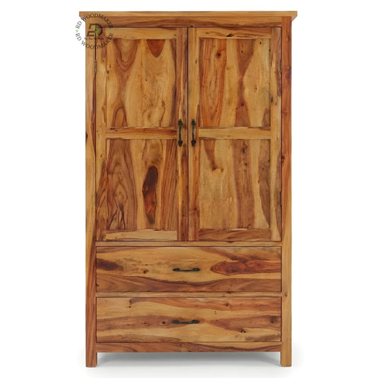 NATURAL WOOD RUSTIC WARDROBE WITH 2 DOORS AND 2 DRAWERS