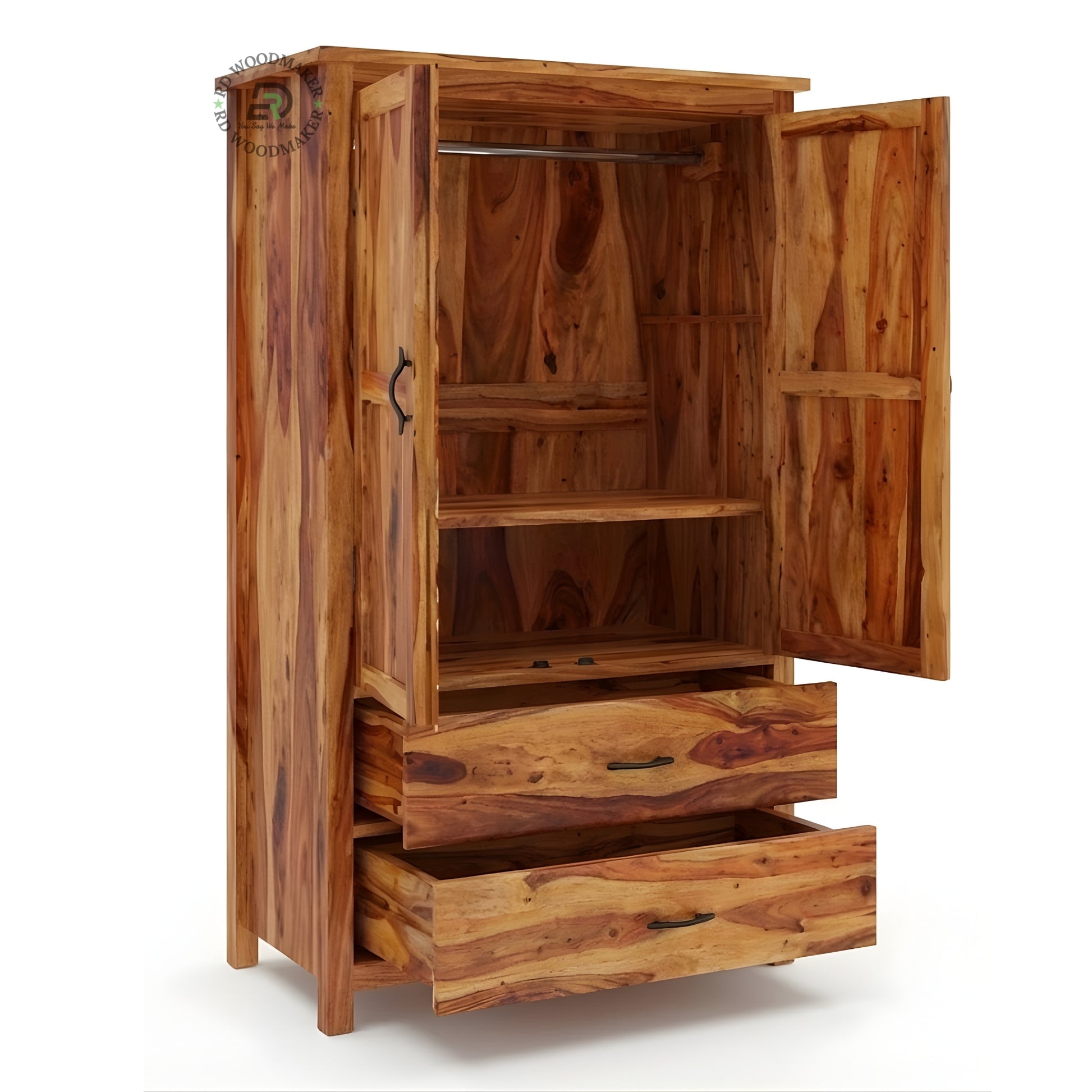 NATURAL WOOD RUSTIC WARDROBE WITH 2 DOORS AND 2 DRAWERS