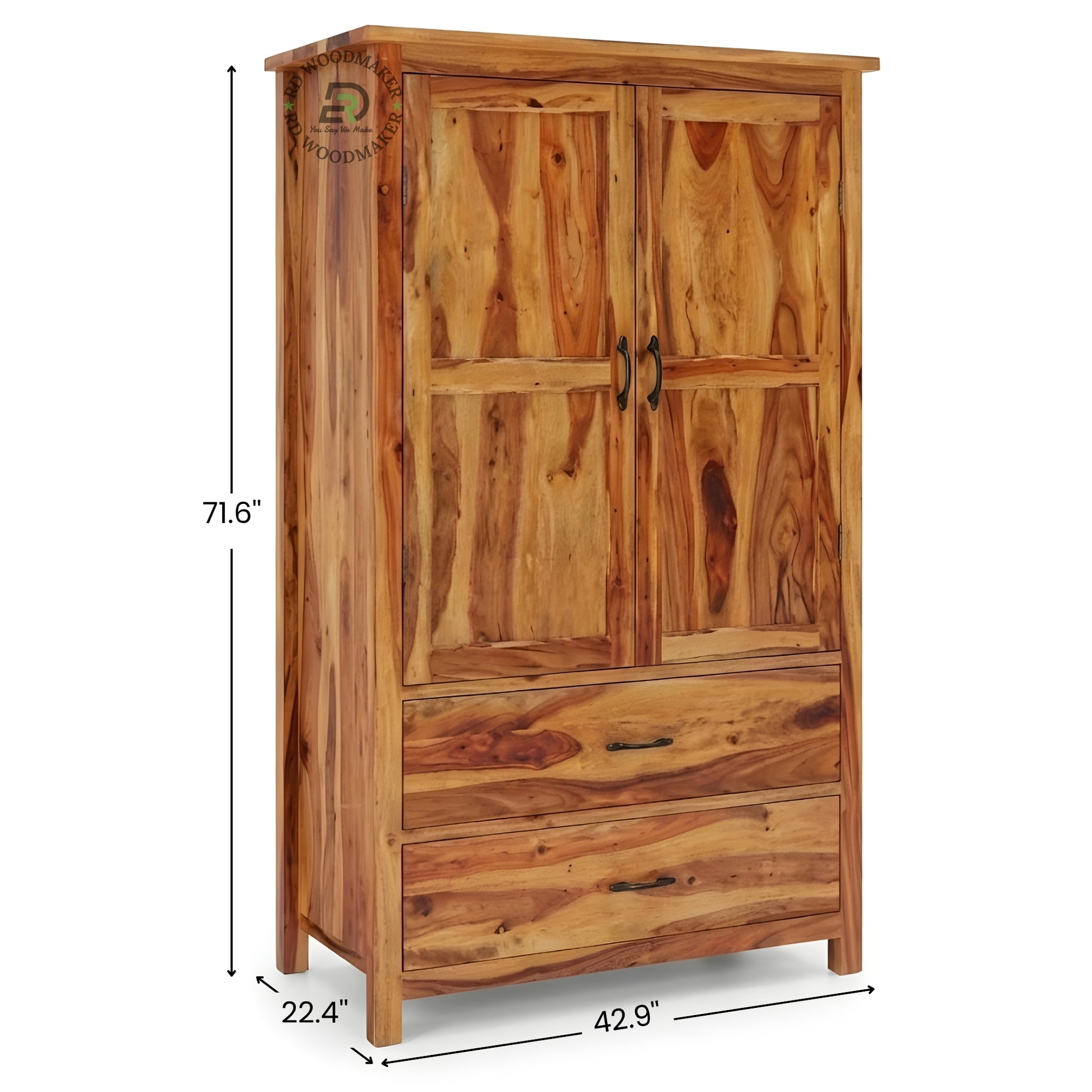 NATURAL WOOD RUSTIC WARDROBE WITH 2 DOORS AND 2 DRAWERS