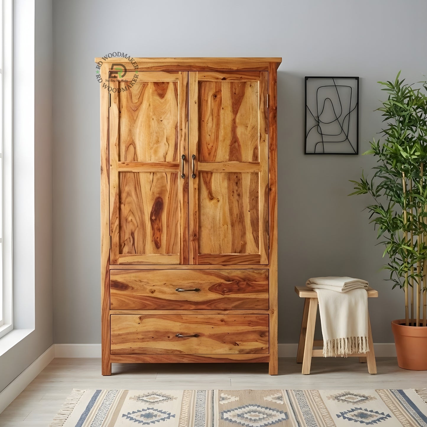 NATURAL WOOD RUSTIC WARDROBE WITH 2 DOORS AND 2 DRAWERS