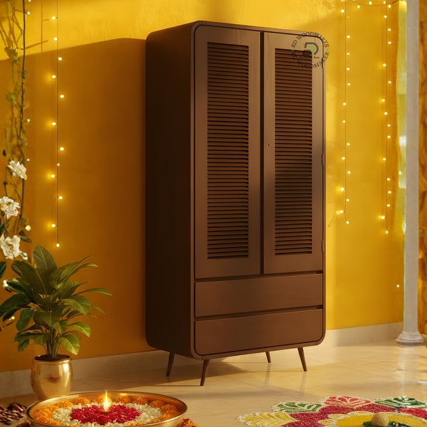 BOHO SOLID WOOD 2-DOOR WARDROBE WITH CANE PANELS AND 3 DRAWERS