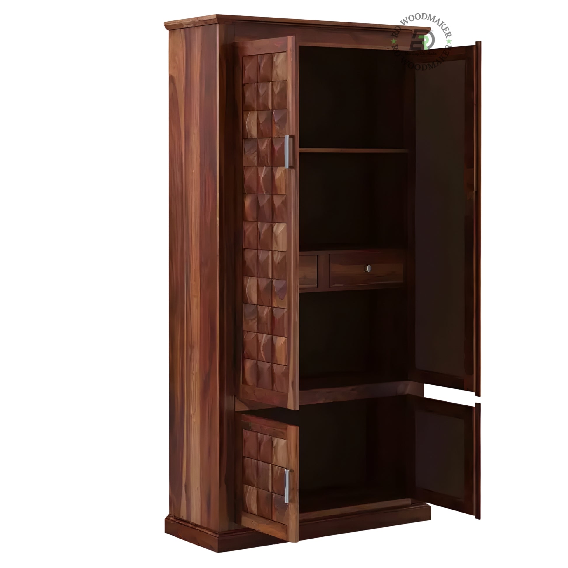 RUSTIC 3D WOVEN BLOCK PATTERN 2-DOOR SOLID WOOD WARDROBE
