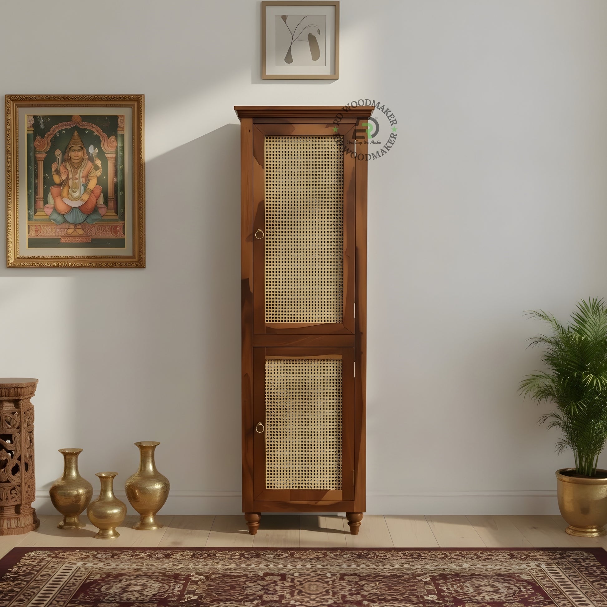 TALL SLIM CANE PANEL 2-DOOR SOLID WOOD WARDROBE
