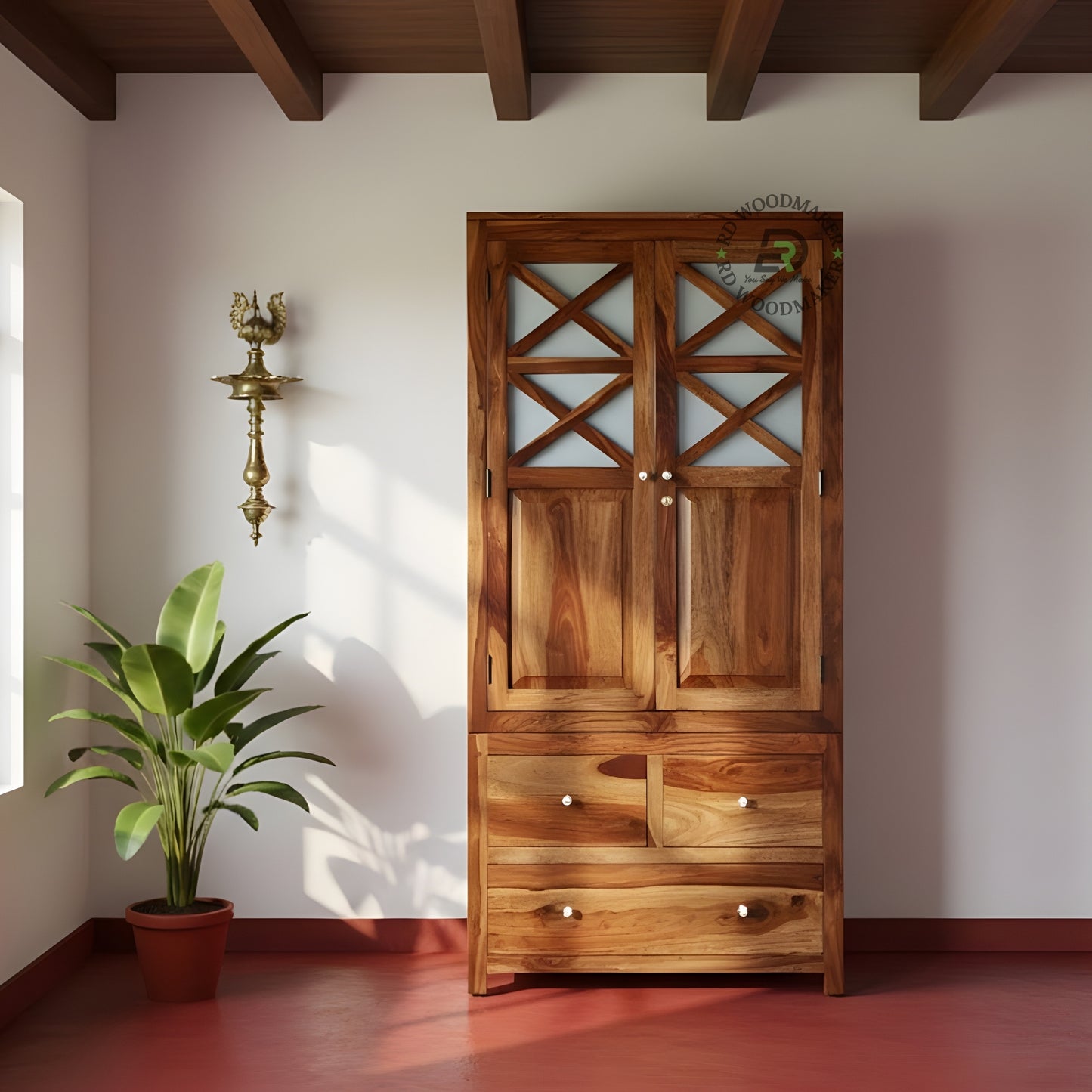 RUSTIC WOVEN WOOD BLOCK PATTERN 2-DOOR WARDROBE