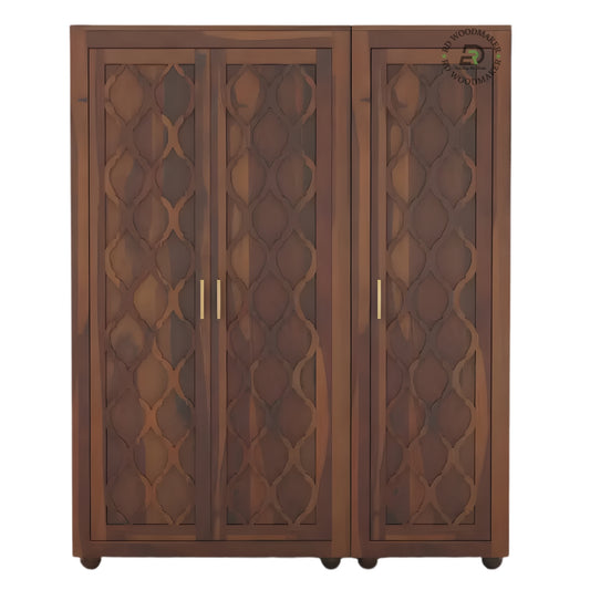 ELEGANT MIRRORED SOLID WOOD WARDROBE WITH LATTICE CARVING