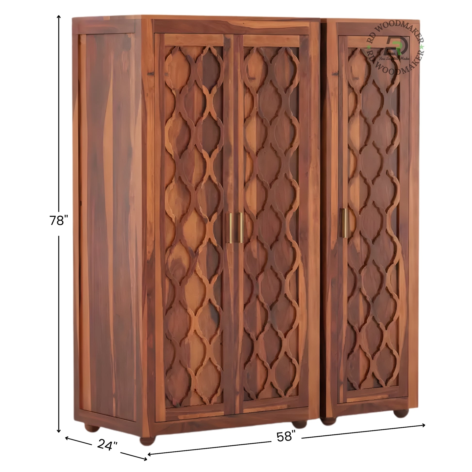 ELEGANT MIRRORED SOLID WOOD WARDROBE WITH LATTICE CARVING